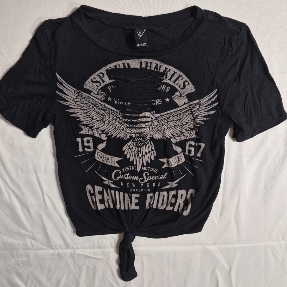 Windsor Black Tee with Beige Eagle Graphic and Distressed Slashes
